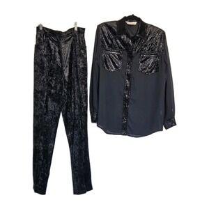 Vtg Christine Phillipe' Black Velvet Snake Print Sheer Chiffon Pant Set XS